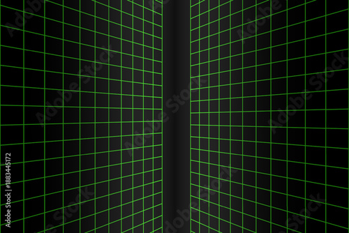 Two sided green laser wireframes in perspective. Neon walls texture. Checkered plane pattern. Virtual reality space. Futuristic, cyberpunk or techno geometric design. Vector ilustration
