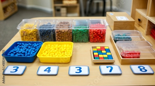 Colorful learning tools arranged on a table for educational activities focused on counting and sorting skills for children