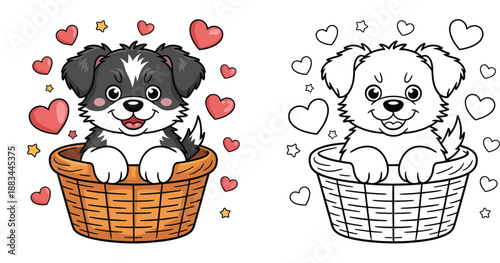 Cute puppy basket illustration, adorable dog with hearts, sweet cartoon artwork with outline version for coloring books, kids designs and love themed projects