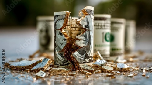 Broken dollars on shattered glass with a blurred background showcasing financial loss
