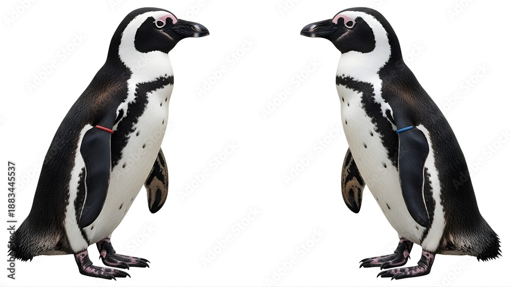 Obraz premium Two penguins standing side by side on transparent background
