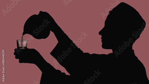 Person pouring water for iftar silhouette, Ramadan fasting break and Islamic tradition vector illustration
