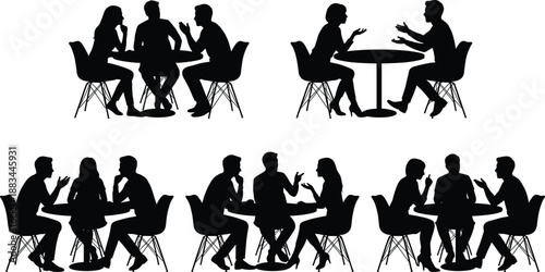 Silhouettes of people sitting at tables and talking in groups, business meeting and social communication concept for teamwork, collaboration, discussion and corporate conversation themes.