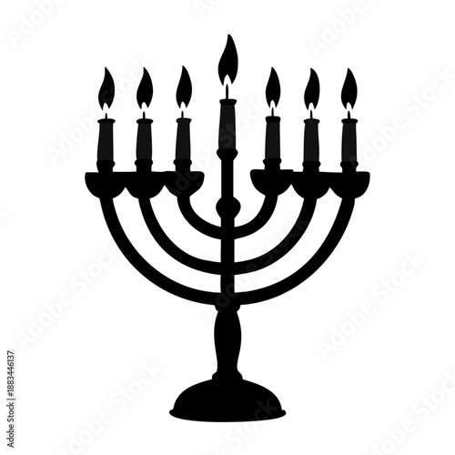 Menorah with seven lit candles on white background