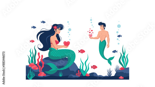 Underwater Scene with Mermaid and Merman Sharing a Romantic Moment.