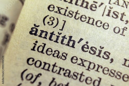 Принти на полотні Word antithesis printed on dictionary page, macro close up