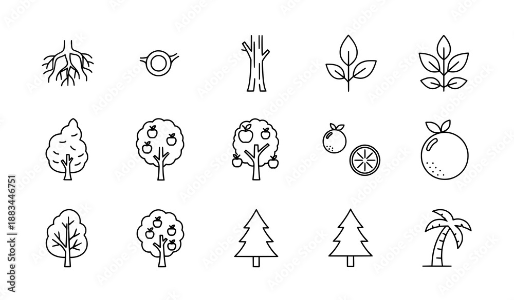 Obraz premium Trees line icon set with roots branches leaves fruit and forest pictograms in thin linear vector style