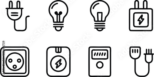 Electricity and power supply line icons set showing plugs light bulbs sockets and battery charging devices