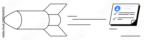 Rocket speeding towards a document with a checklist and profile icon, symbolizing efficiency, productivity, technology, goal achievement, swift delivery, innovation, and progress. Ideal