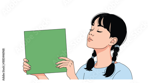 Charming girl with braided hair holds a blank green square poster and looks away thoughtfully with her eyes closed in peace.