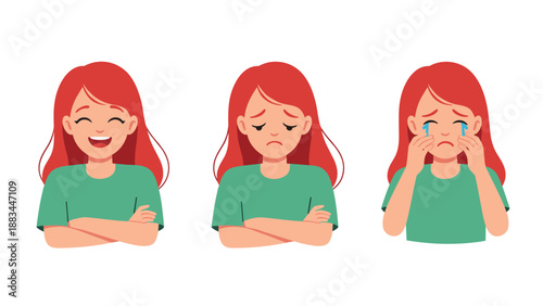 Young girl with long red hair demonstrates three different emotions including being happy, sad, and crying with tears in a set.