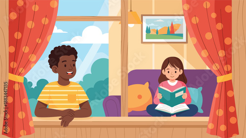 Diverse group of children including a boy at the window and a girl reading on a purple sofa enjoy their time inside a house.