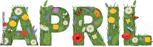 April Floral Text Illustration with Butterflies, Flowers, and Green Grass; Spring Season