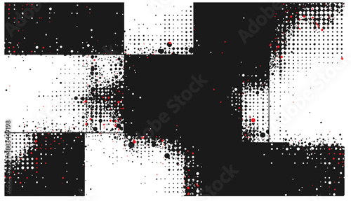  Dynamic abstract background featuring halftone dots and bold geometric blocks in black, white, and red. Ideal for technology, design, or creative projects needing a modern