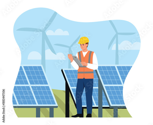 Vector illustration of solar panel installation. Cartoon scene of man in hard hat, orange vest, looking at tablet, solar panels, wind turbines isolated on white background. Converting solar energy.
