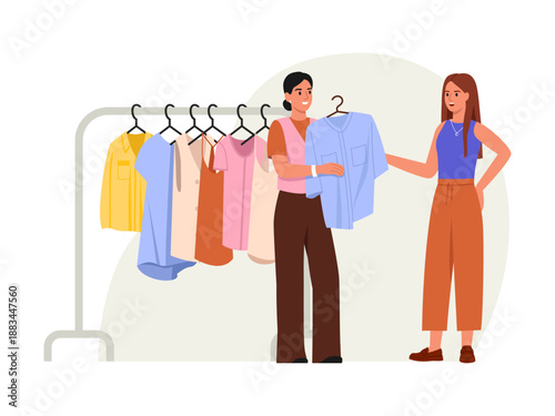 Vector illustration of a fashion stylist. Cartoon scene of a stylist choosing clothes for a girl, holding a blouse, rack with clothes on hangers: blouse, dresses, t-shirt isolated on white background.