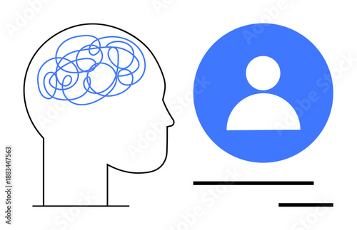 Mental health, identity, user profile, self-awareness, psychology, online presence. Head outline with tangled lines, circular person icon. Mental health and identity concept illustration