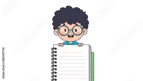 Cute boy with dark curly hair and round glasses peers over the top of a blank white spiral notebook on a clean background.