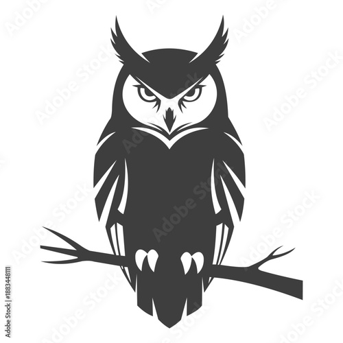 A stylized and intense black owl illustration perched on a branch with a fierce gaze