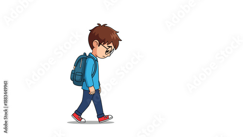 Sad young boy with a blue backpack walking slowly with his head down against a plain white background.