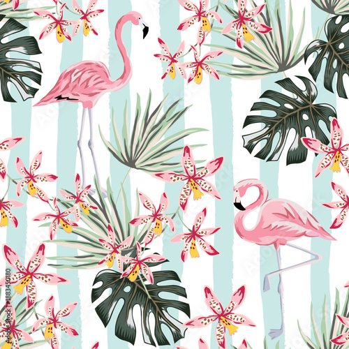 Tropical pink flamingo, orchid flowers, palm leaves, striped background. Vector seamless pattern. Jungle foliage illustration. Exotic birds, plants. Summer beach floral design. Paradise nature