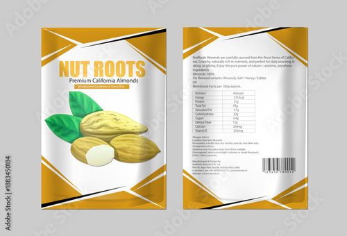 Nuts package poster. Realistic pistachio bag design. Advertising banner. Natural snack packaging on tabletop. Healthy organic food.	