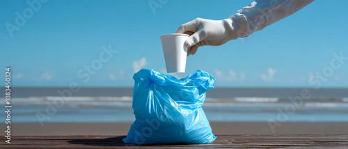 Person wearing white glove disposing of a white paper cup into a blue plastic trash bag on a wooden surface by the beach under clear blue sky