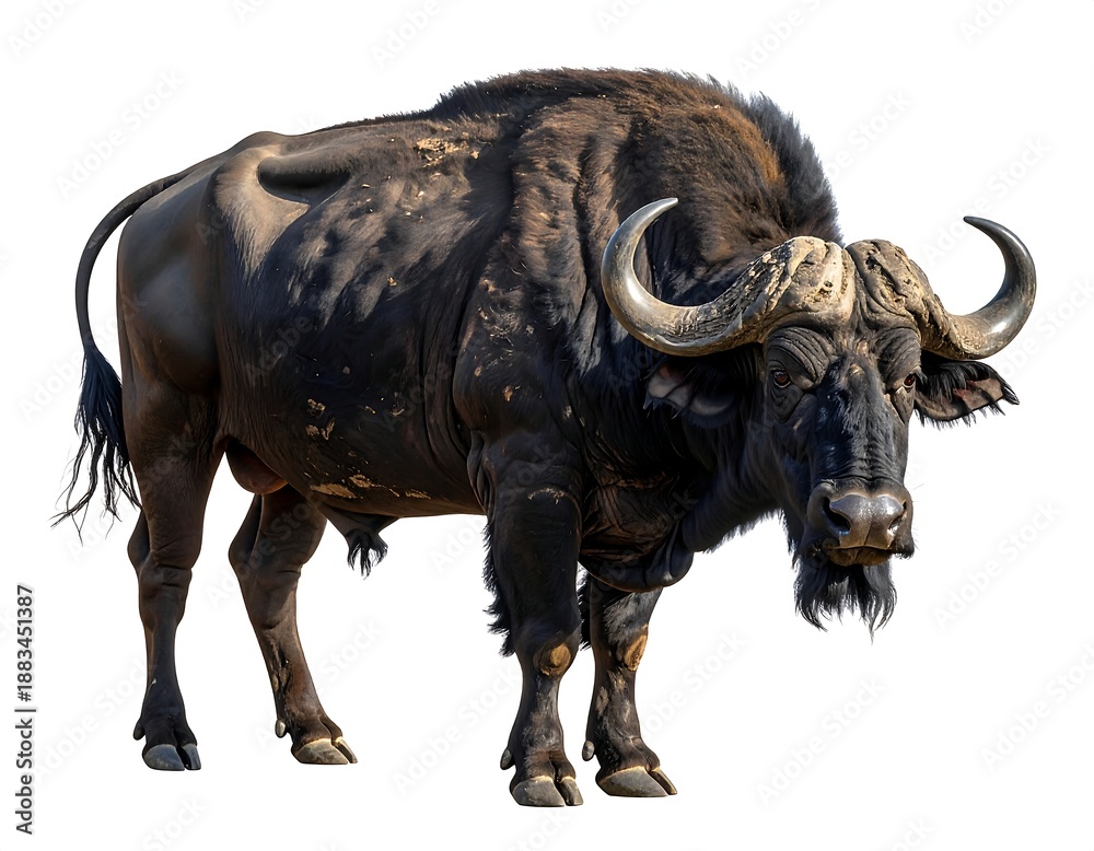Fototapeta premium A majestic, full-bodied depiction of a Cape buffalo against a stark white background, showcasing its powerful form