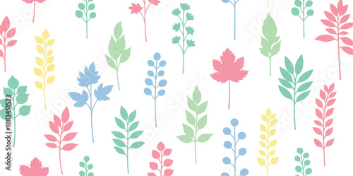 Colorful floral pattern with various plants and flowers on white background in pastel hues and soft colors
