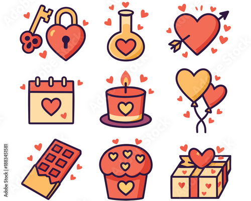 Love Symbols Collection: A charming collection of love symbols, including hearts, keys, locks, and balloons, are arranged in a playful and engaging composition.