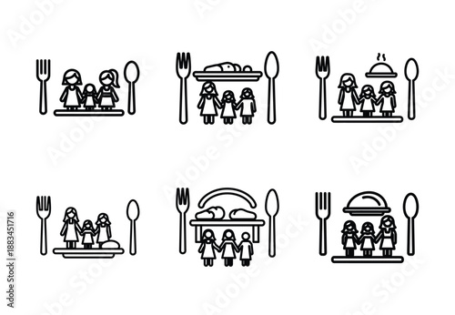 Fotografi Set of food related family dinner  outline vector icons