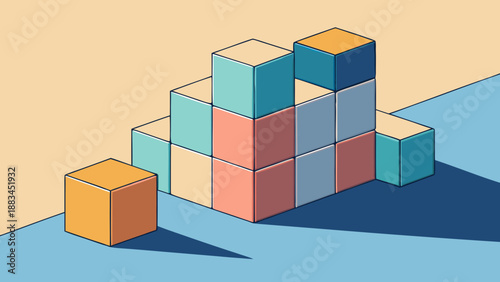 Colorful 3d vector illustration of building block cubes and boxes in various shapes and colors as a construction puzzle concept for business success and creative play design
