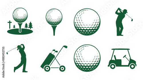 Golf icons set with player, balls, and golf cart