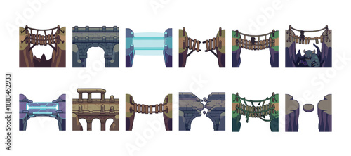 Collection of cartoon video game bridge assets for level design, featuring various fantasy styles like stone, wood, rope, and glowing energy for a platformer adventure