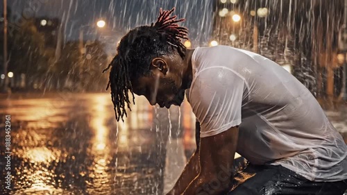 A sad man crouching in the rain, surrounded by darkness and reflections on a wet street at night