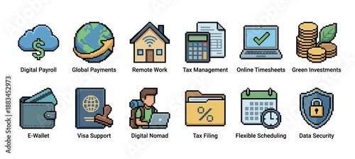 Colorful collection of pixel art icons representing business, finance, and remote work concepts like digital payroll, global payments, data security, and tax management