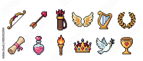 Collection of pixel art fantasy icons featuring a bow, arrow, wings, crown, and love potion in a colorful retro 8-bit video game style