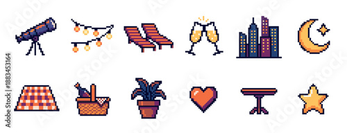 Set of pixel art icons for a romantic date night theme, featuring a telescope, picnic basket, city skyline, and clinking champagne glasses in a retro 8-bit video game style
