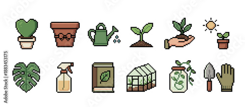 Set of pixel art gardening icons featuring a houseplant, watering can, seedling, trowel, glove, and greenhouse in a minimalist 8-bit retro style for plant care themes