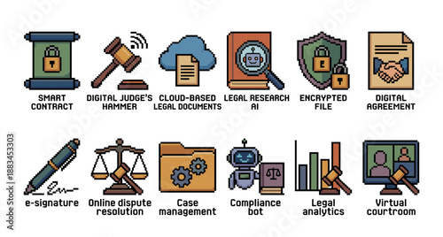 Set of legal technology pixel art icons showing concepts like smart contracts, digital agreements, and virtual courtrooms for modern law and justice systems in a retro 8-bit style