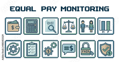 Set of equal pay monitoring pixel art icons representing salary, gender equality, financial analysis, and fairness in a retro 8-bit video game style illustration