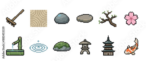 Pixel art collection of Japanese Zen garden icons featuring a rake, sand, stones, pagoda, koi fish, and sakura blossom for a retro 8-bit video game asset pack