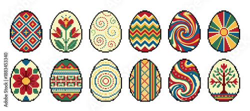 Collection of twelve pixel art Easter eggs decorated with colorful traditional folk patterns, including geometric, floral, and abstract designs in a retro 8-bit video game style