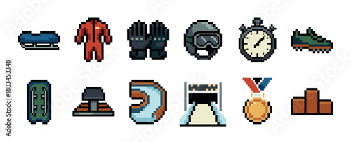 Pixel art racing and winter sport icons featuring a bobsled, stopwatch, winner's podium, and medal, created in a classic 8-bit video game style for digital assets