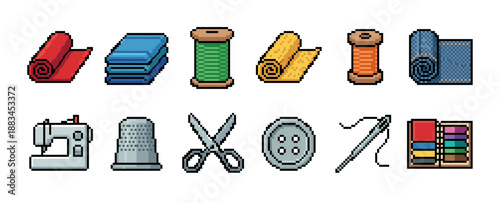 Pixel art sewing and tailoring equipment icons including a sewing machine, scissors, thread, fabric, needle, and thimble in a retro 8-bit video game style illustration set