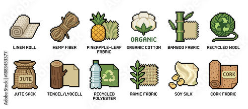 Sustainable fabric and textile pixel art icons showing eco-friendly materials like organic cotton, recycled wool, hemp fiber, and bamboo in a retro 8-bit graphic design set