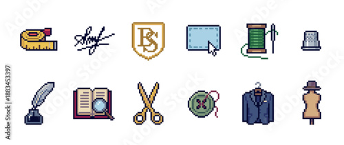 Set of pixel art icons representing bespoke tailoring and craftsmanship, featuring a suit, scissors, thread, measuring tape, and a dress form in a classic 8-bit graphic design style