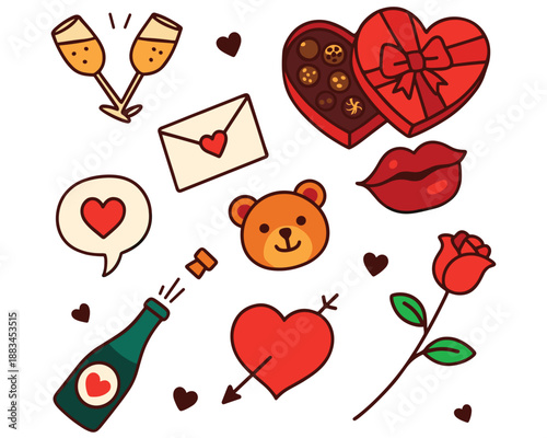 A Collage of Romantic Symbols: A charming arrangement of symbols including champagne glasses, chocolates, heart-shaped box, loving lips, teddy bear, love letter, speech bubble.