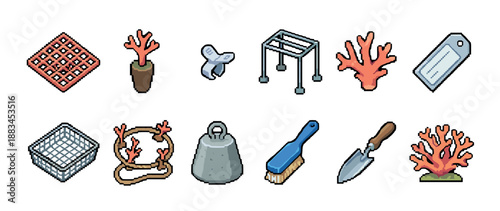 Collection of pixel art game assets for a coral farming simulation, including coral, frag racks, a basket, weight, and tools, rendered in a retro isometric style