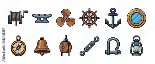 Set of pixel art nautical icons for a video game, including a ship's wheel, anchor, compass, and lantern, rendered in a retro 8-bit style for a maritime adventure